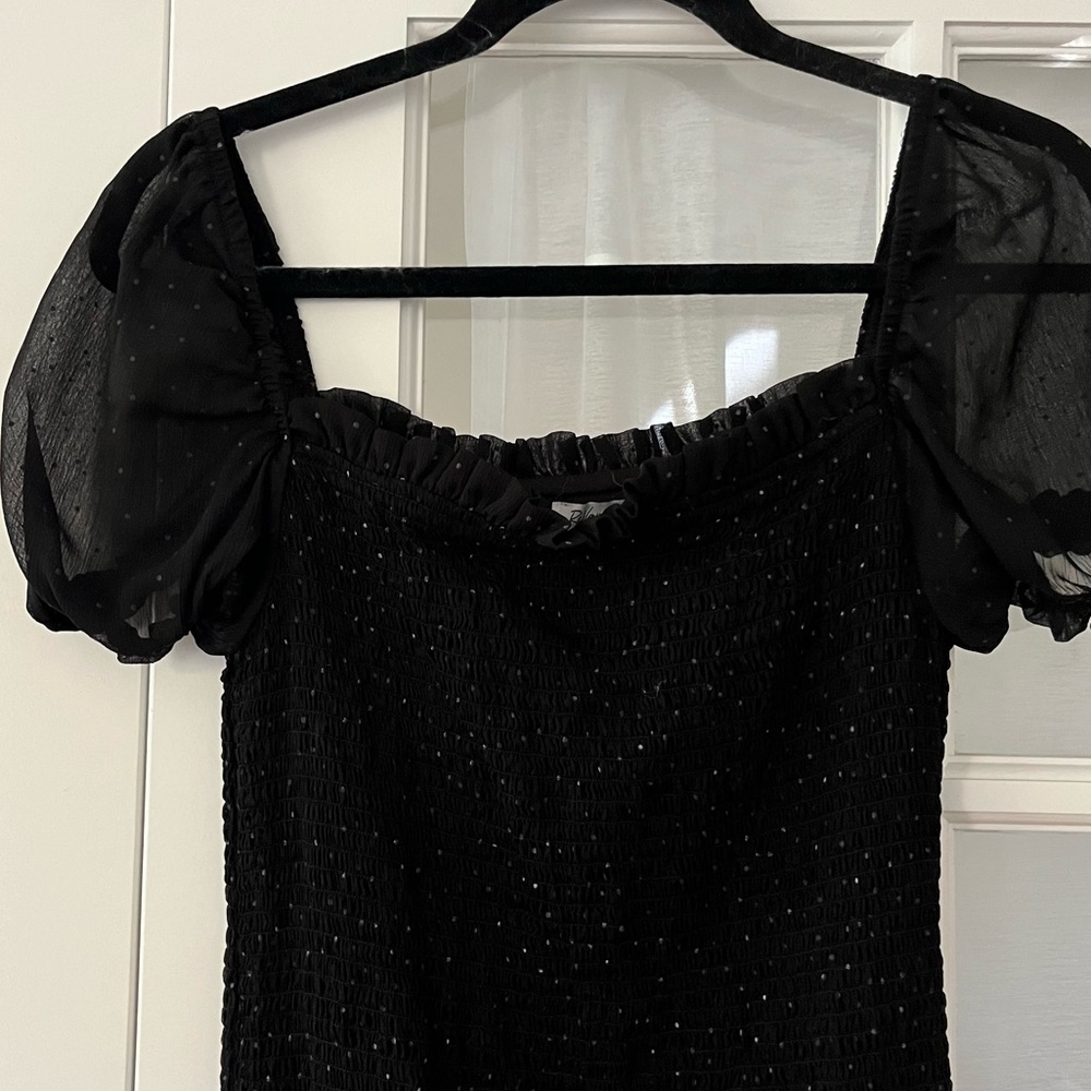 Ruched black dress with tiny polka dots & sheer puff sleeves